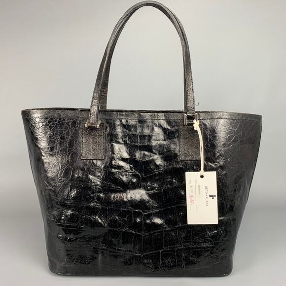 REYNA ICAZA Montecito Black Leather Alligator Tote Handbag - Picture 3 of 7
